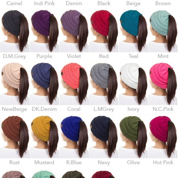 CC Ponytail Beanie Hat Messy Bun White Ivory - Picture 2 of 2